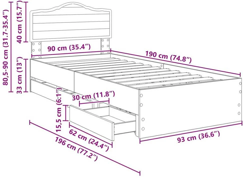 Lova Lovos rėmas Betono pilka 90 x 190 cm Inžinerinė mediena
