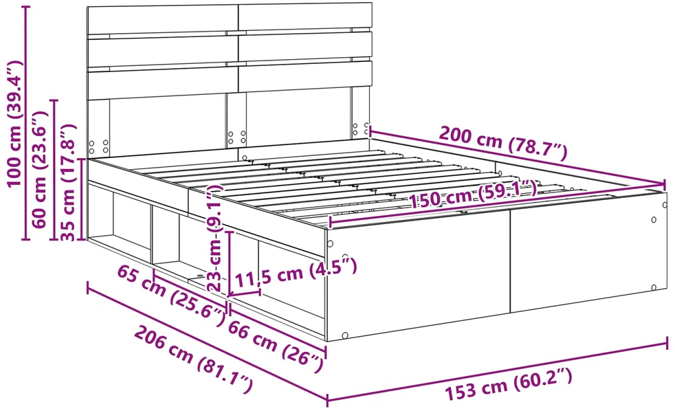 Lovos rėmas Juoda 150 x 200 cm Kietos pušies mediena