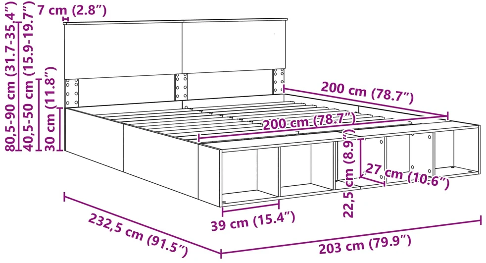 Lovos rėmas Pilkas Sonoma 200 x 200 cm Apdirbta mediena