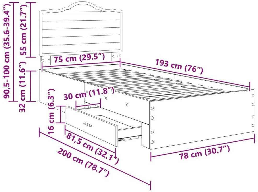 Lova Lovos rėmas Pilkas Sonoma 75 x 190 cm Apdirbta mediena