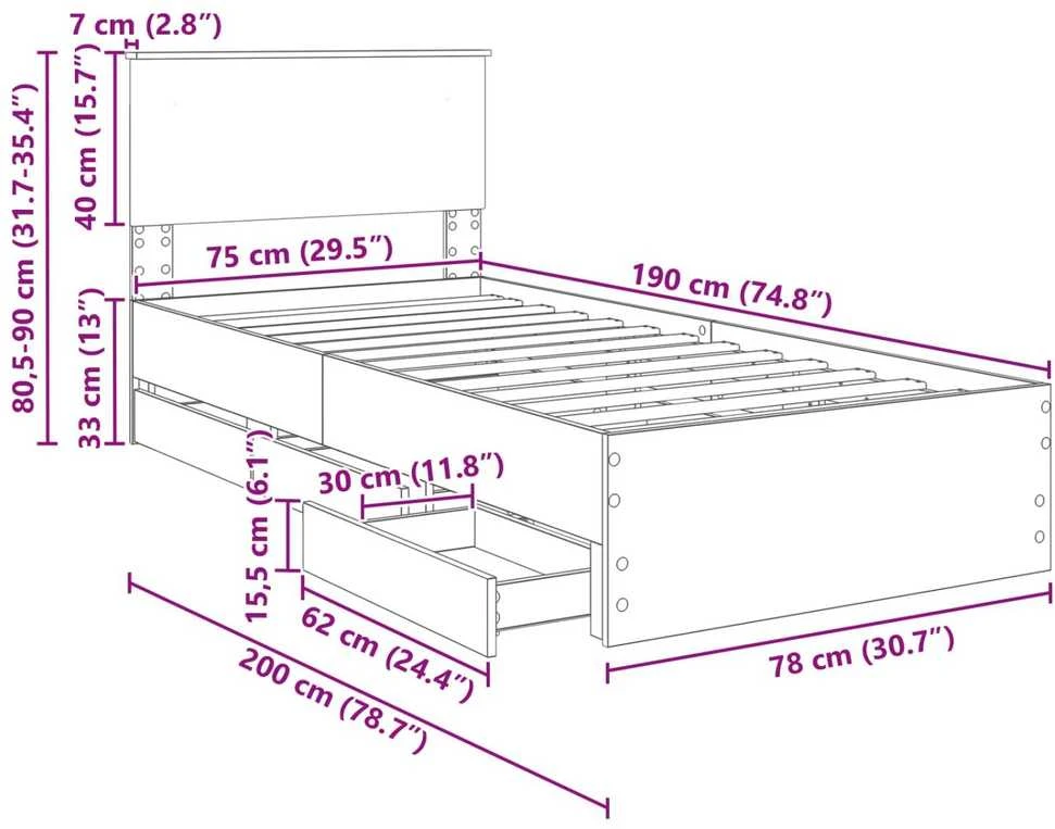 Lova Lovos rėmas Pilkas Sonoma 75 x 190 cm Inžinerinė mediena