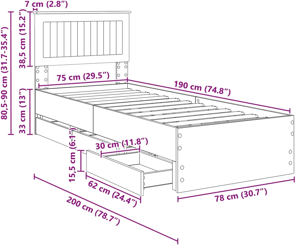 Lova Lovos rėmas Pilkas Sonoma 75 x 190 cm Inžinerinė mediena