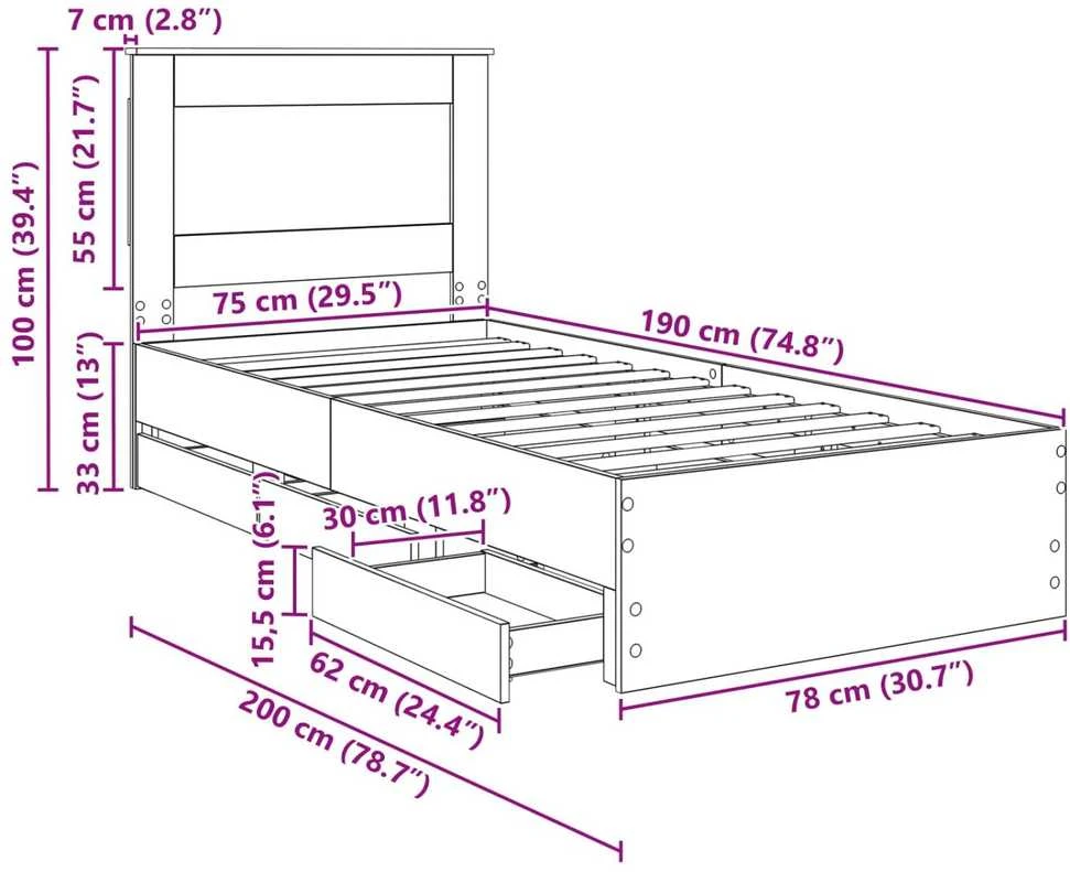 Lova Lovos rėmas Pilkas Sonoma 75 x 190 cm Inžinerinė mediena