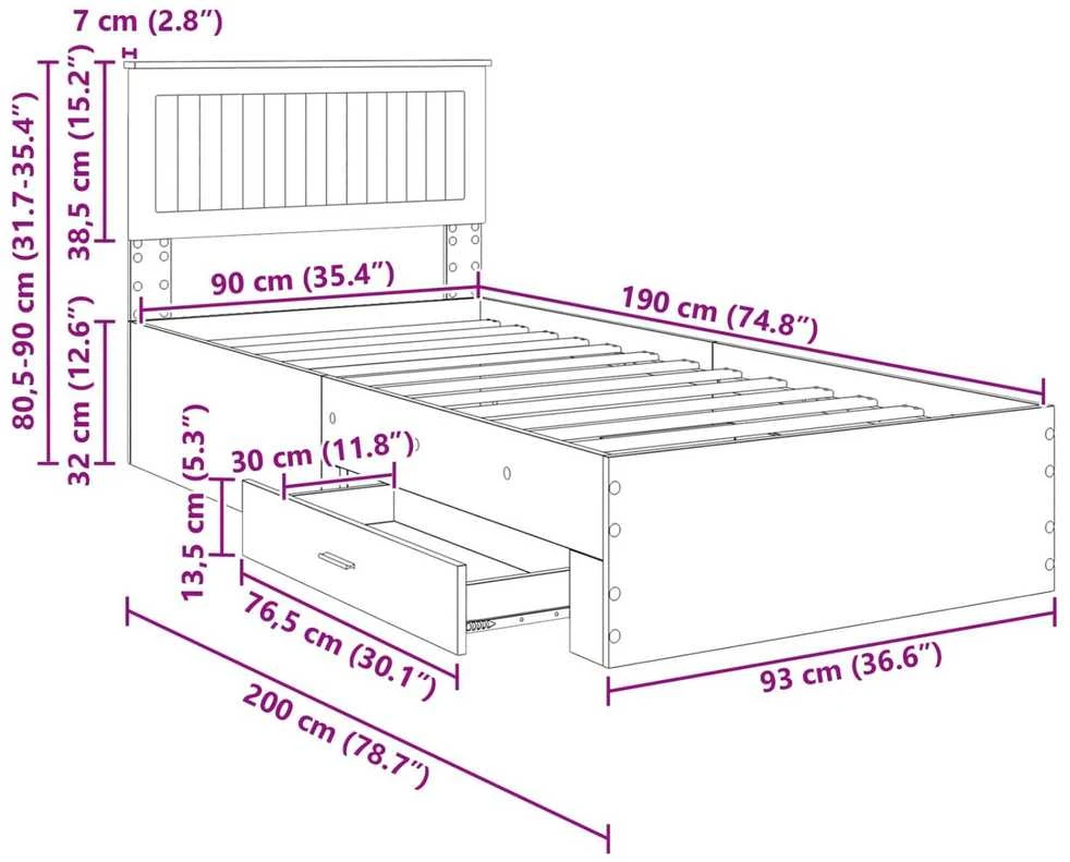 Lova Lovos rėmas Pilka Sonoma 90 x 190 cm Apdirbta mediena