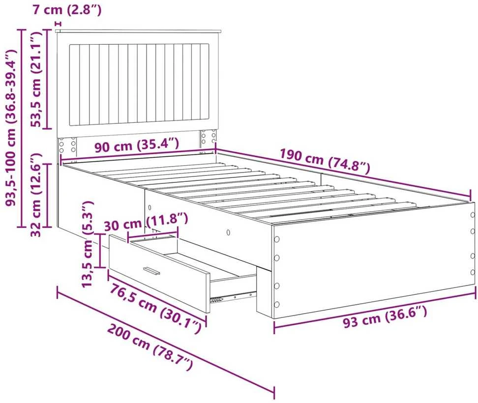 Lova Lovos rėmas Pilkas Sonoma 90 x 190 cm Apdirbta mediena
