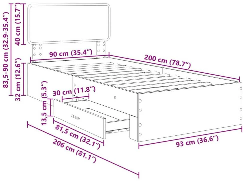 Lova Lovos rėmas Pilkas Sonoma 90 x 200 cm Apdirbta mediena