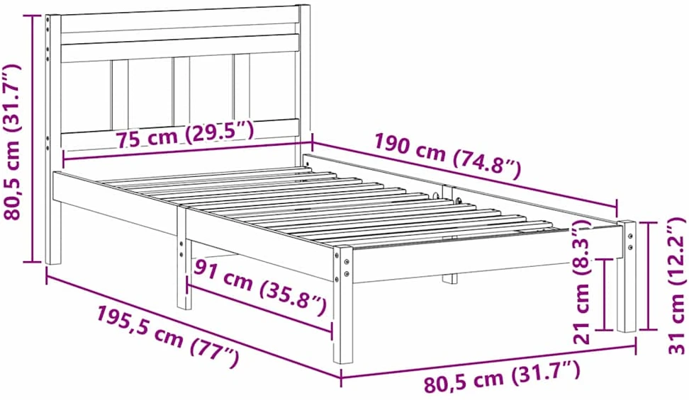 Lova Lovos rėmas Ruda 75 x 190 cm Kietos pušies mediena