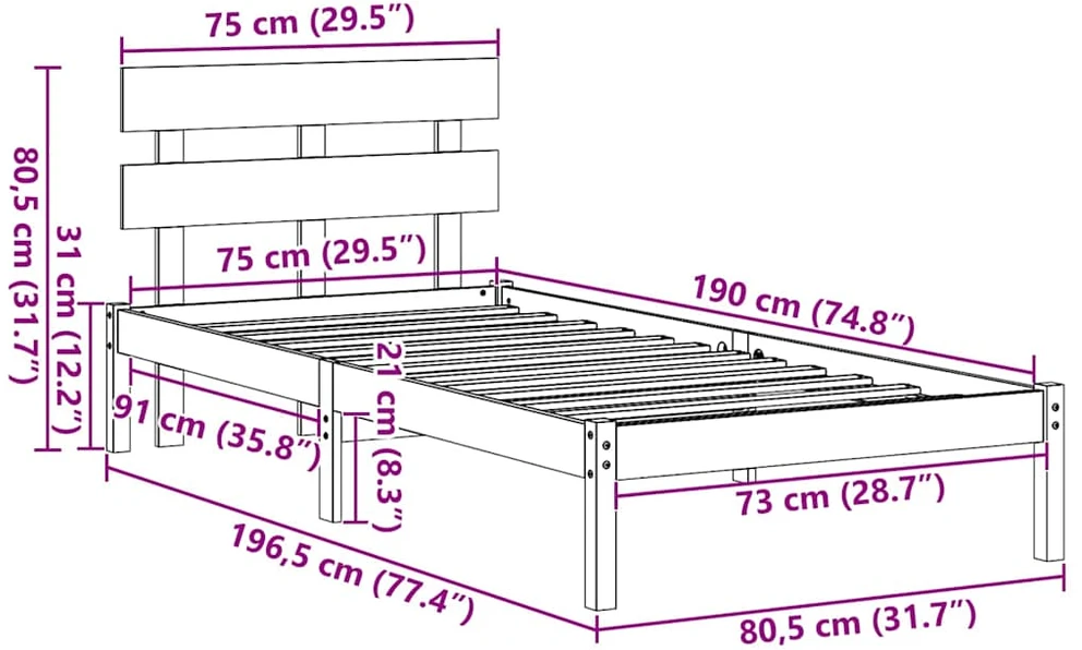 Lova Lovos rėmas Ruda 75 x 190 cm Pušies medienos masyvas