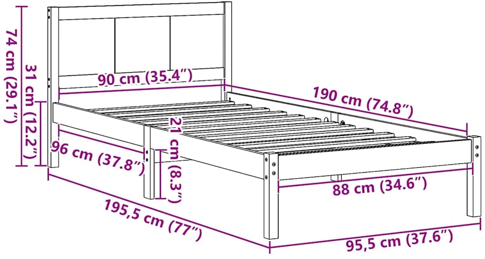 Lova Lovos rėmas Ruda 90 x 190 cm Pušies medienos masyvas