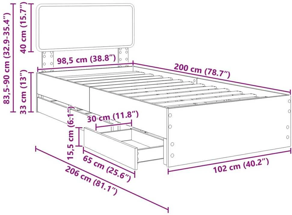 Lova Lovos rėmas Rudas ąžuolas 100 x 200 cm Dirbtinė mediena