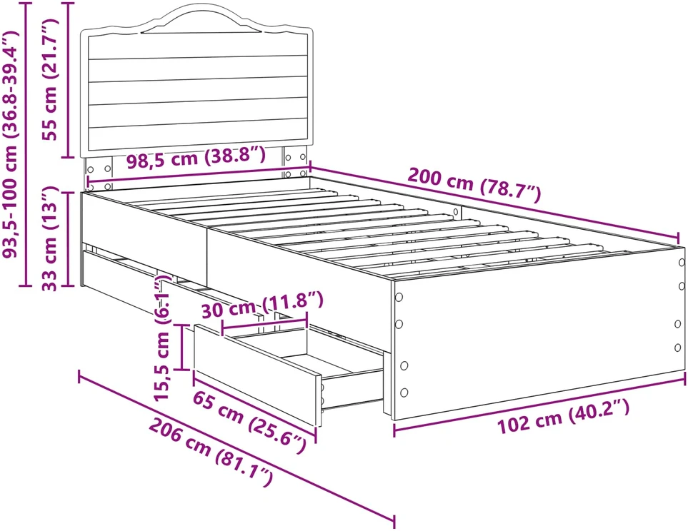 Lova Lovos rėmas Rudas ąžuolas 100 x 200 cm Inžinerinė mediena