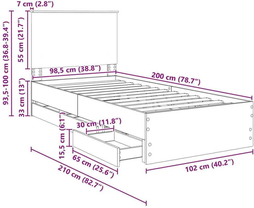 Lova Lovos rėmas Rudas ąžuolas 100 x 200 cm Inžinerinė mediena