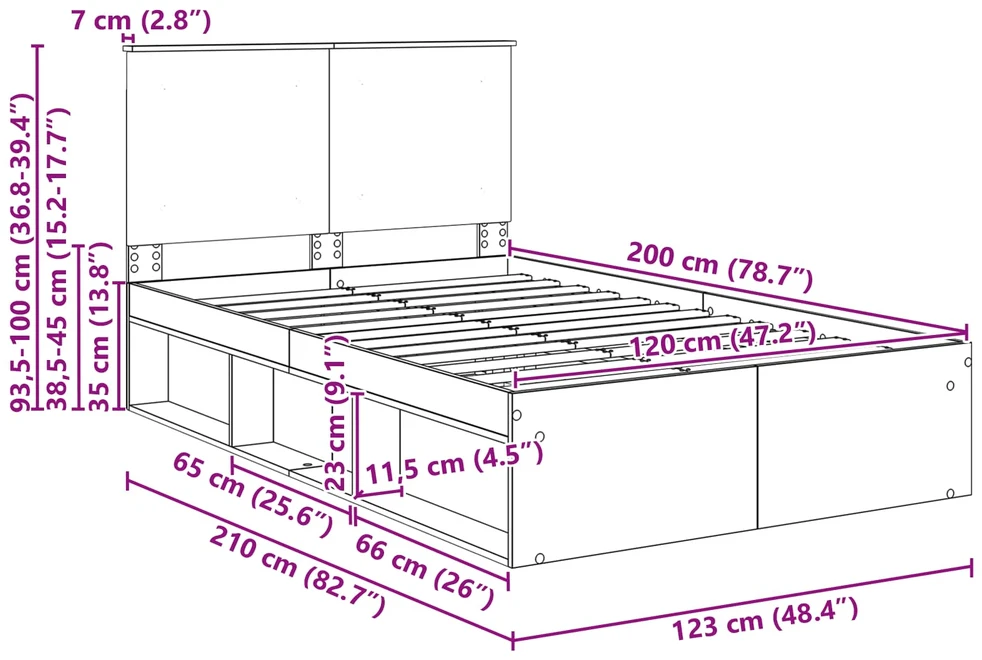 Lova Lovos rėmas Rudas ąžuolas 120 x 200 cm Kietos pušies mediena