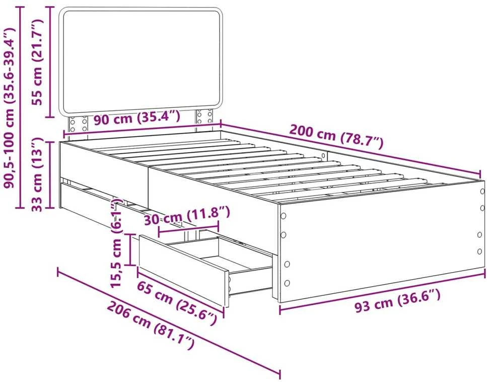 Lova Lovos rėmas Rudas ąžuolas 90 x 200 cm Inžinerinė mediena