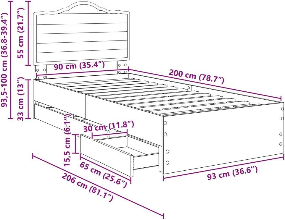 Lova Lovos rėmas Rudas ąžuolas 90 x 200 cm Inžinerinė mediena