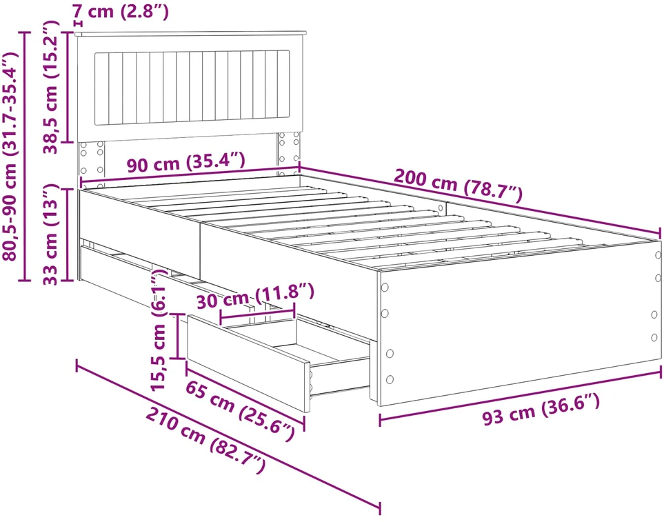 Lova Lovos rėmas Rudas ąžuolas 90 x 200 cm Inžinerinė mediena