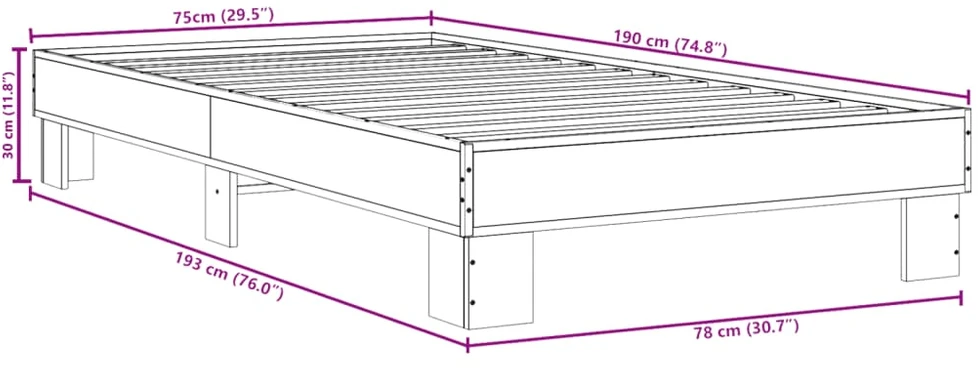 Lovos rėmas, rudas ąžuolo, 75x190cm, apdirbta mediena/metalas