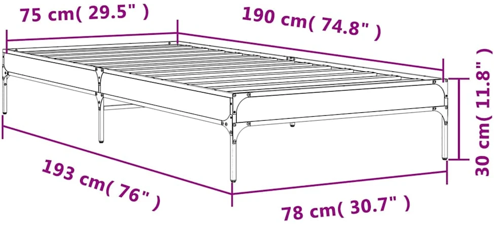 Lovos rėmas, rudas ąžuolo, 75x190cm, apdirbta mediena/metalas