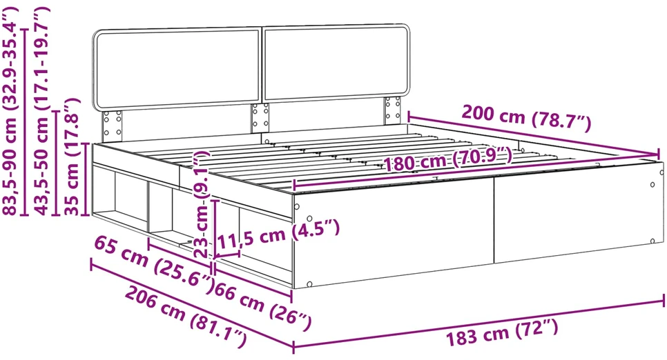 Lovos rėmas Rūkyta ąžuolas 180 x 200 cm Kietos pušies mediena