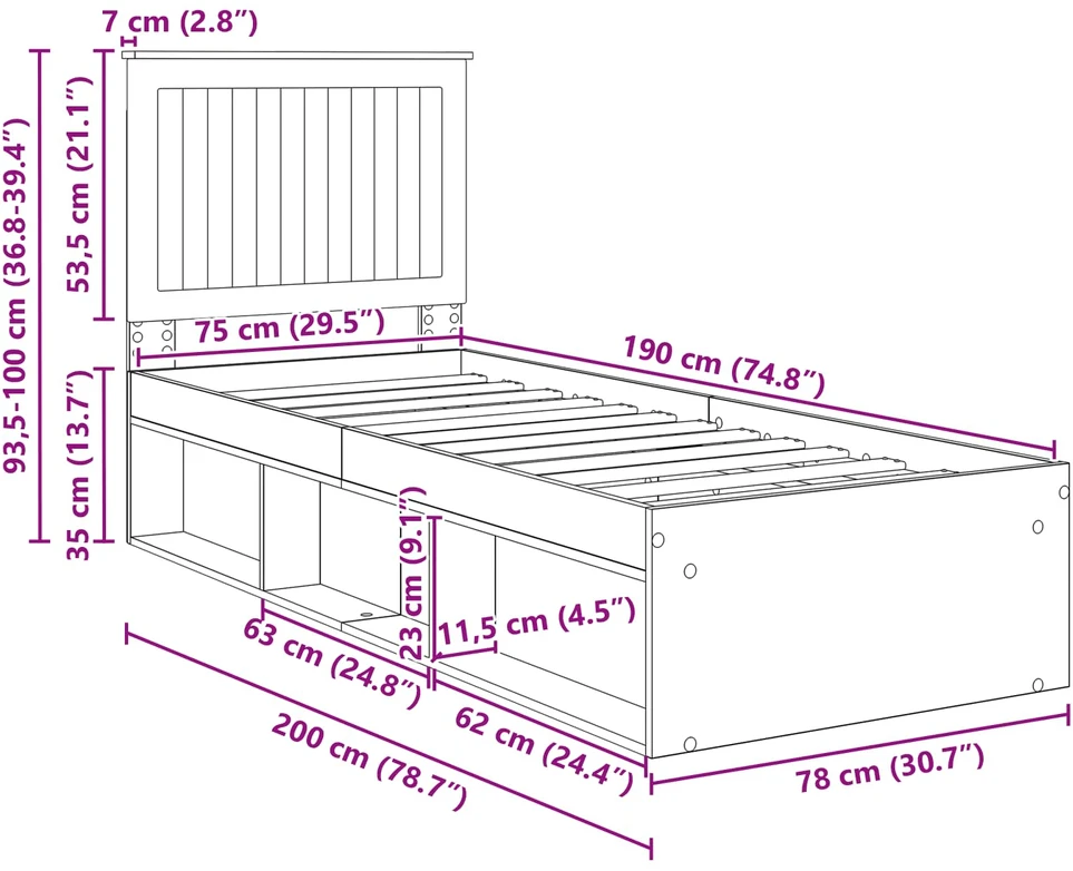 Lova Lovos rėmas Rūkyta ąžuolas 75 x 190 cm Kietos pušies mediena