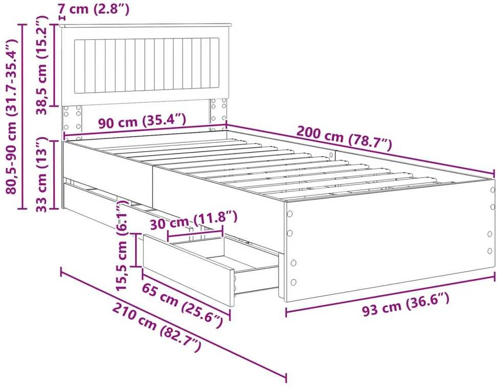 Lova Lovos rėmas Rūkyta ąžuolas 90 x 200 cm Inžinerinė mediena