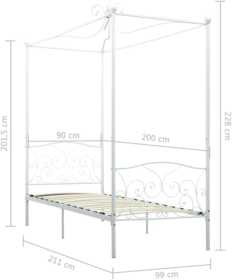 Lovos rėmas su baldakimu, baltos spalvos, 90x200cm, metalas