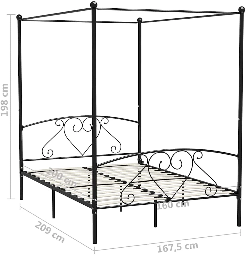 Lovos rėmas su baldakimu, juodas, 160x200cm, metalas