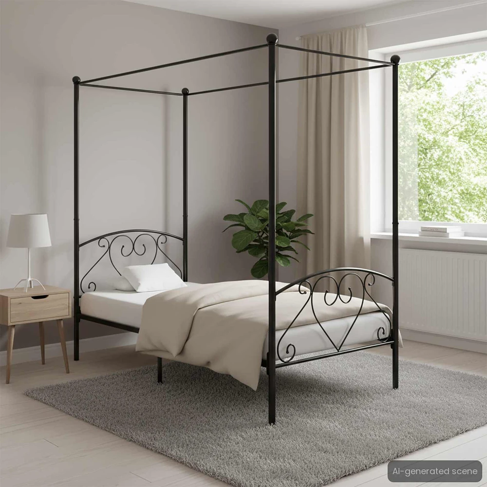 Lovos rėmas su baldakimu, juodos spalvos, 90x200cm, metalas