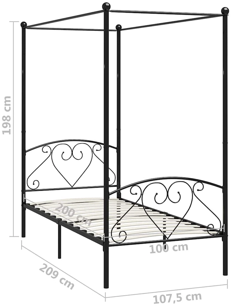 Lovos rėmas su baldakimu, juodos spalvos, 100x200cm, metalas