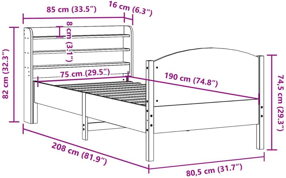 Lovos rėmas su be čiužinio, 75x190cm, pušies masyvas