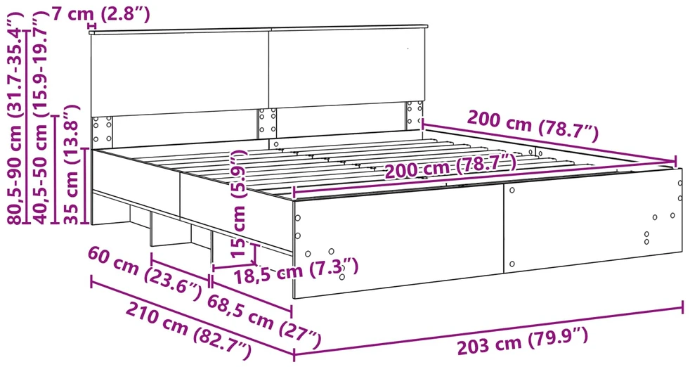 Lovos rėmas su galvūgalio Balta 200 x 200 cm Apdirbta mediena