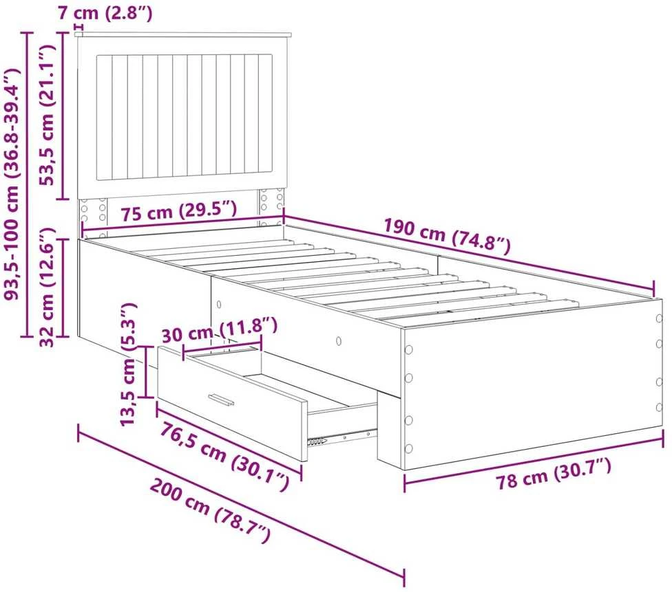 Lova Lovos rėmas su stalčių Betono pilko ir sidabro 70 x 190 cm