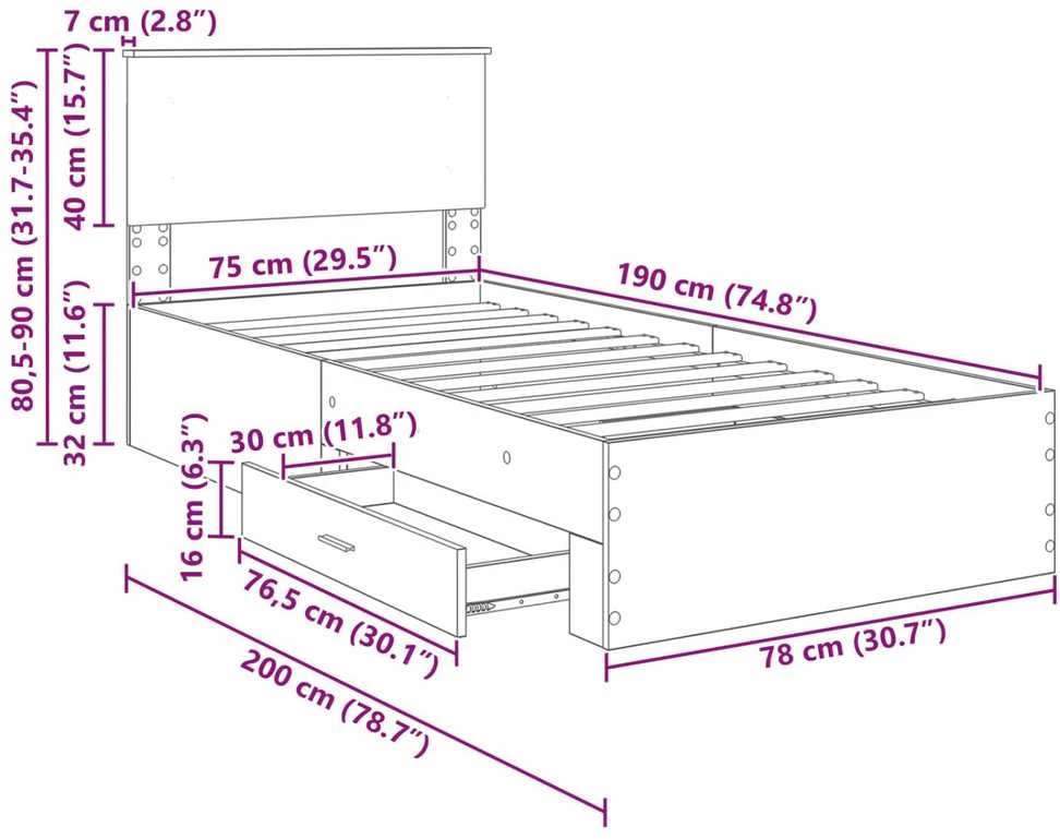 Lova Lovos rėmas su stalčių Betono pilko ir sidabro 75 x 190 cm