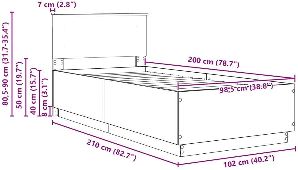 Lova Lovos rėmas su galvūgalio Juoda 100 x 200 cm Apdirbta mediena