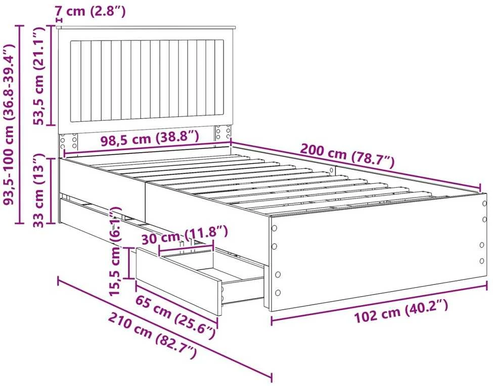 Lova Lovos rėmas su stalčių Juoda 100 x 200 cm Inžinerinė mediena