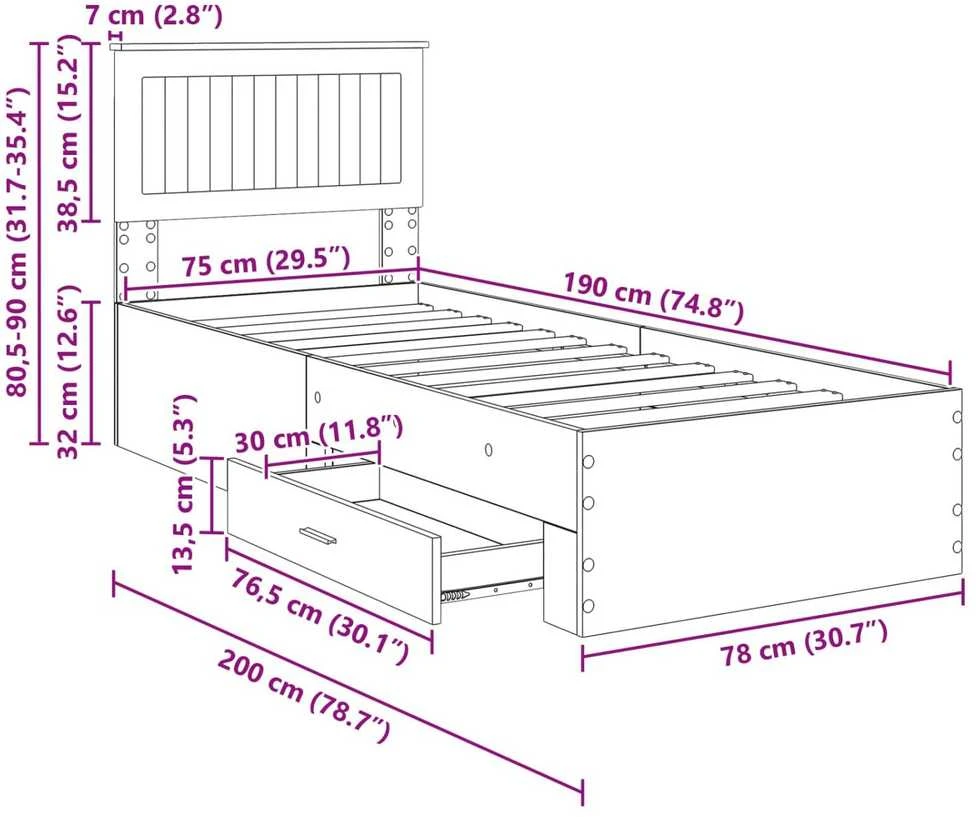 Lova Lovos rėmas su stalčių Sonamos ąžuolo ir sidabro 75 x 190 cm