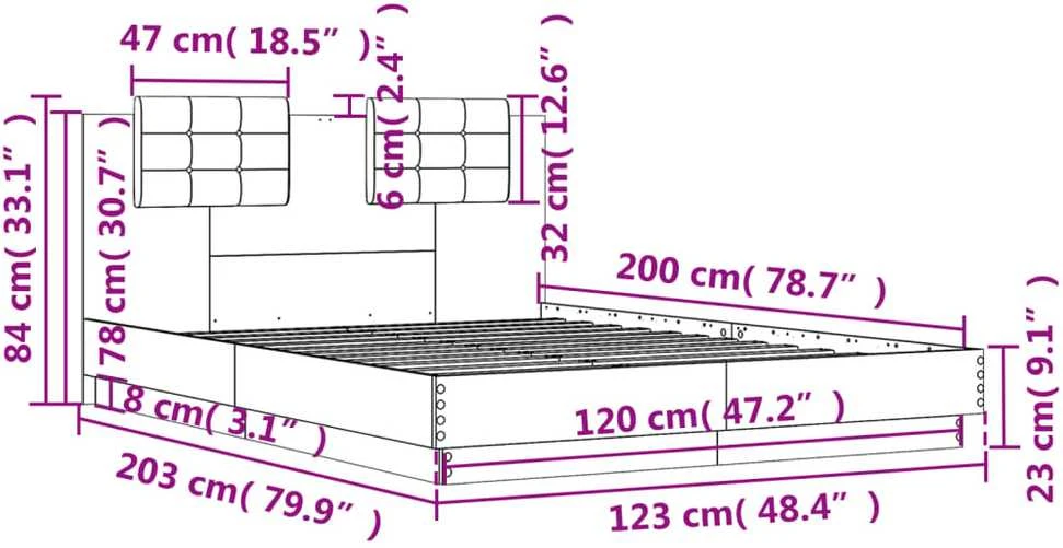 Lovos rėmas su galvūgaliu ir LED, ąžuolo spalvos, 120x200cm