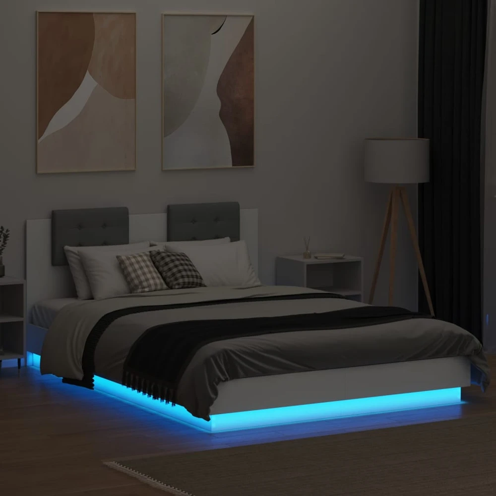 Lovos rėmas su galvūgaliu ir LED, baltos spalvos, 140x200cm