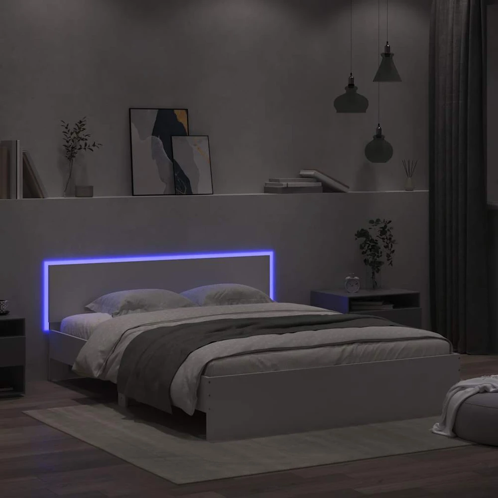Lovos rėmas su galvūgaliu ir LED, baltos spalvos, 160x200cm
