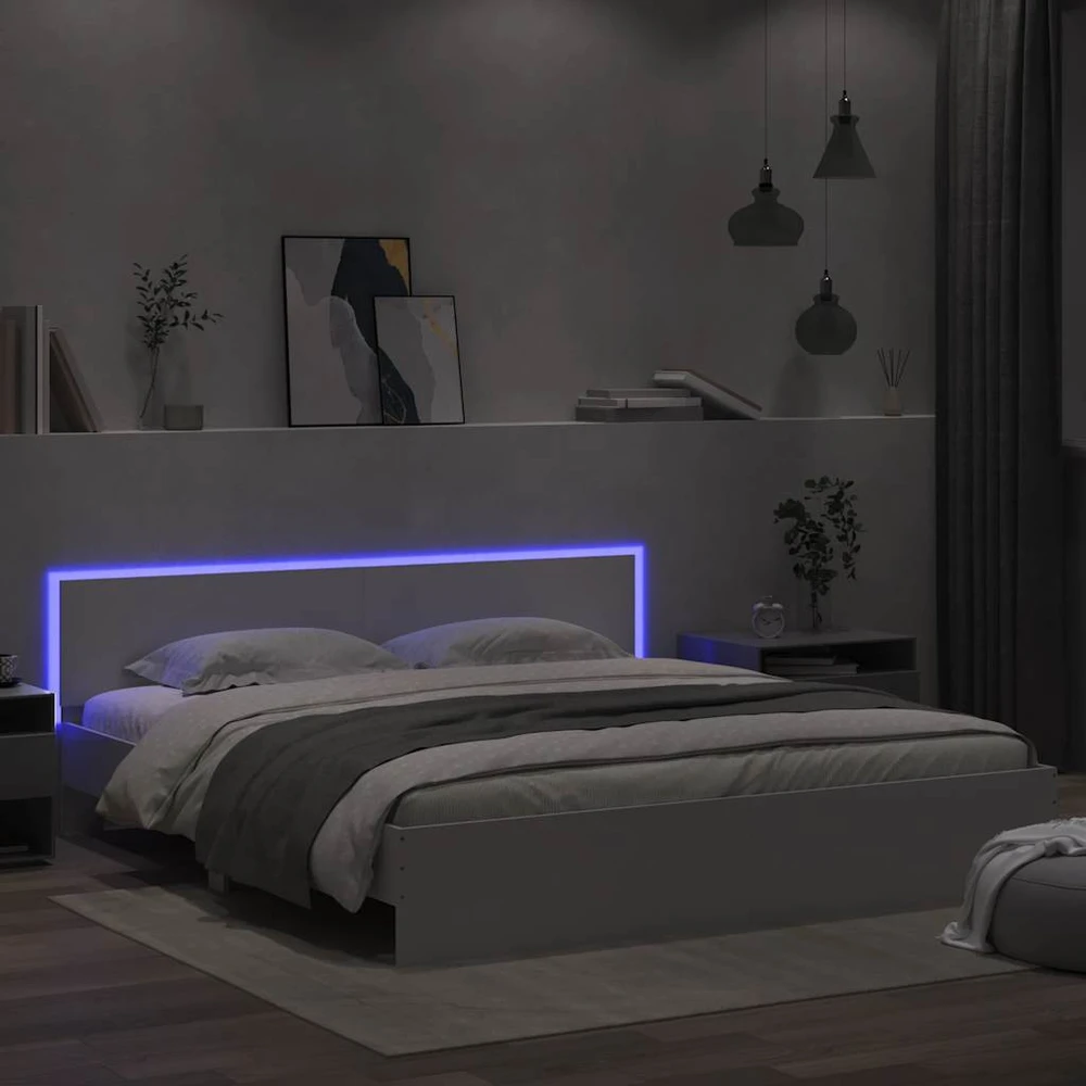 Lovos rėmas su galvūgaliu ir LED, baltos spalvos, 200x200cm