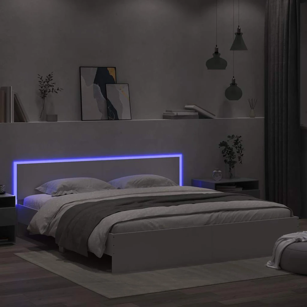 Lovos rėmas su galvūgaliu ir LED, baltos spalvos, 180x200cm