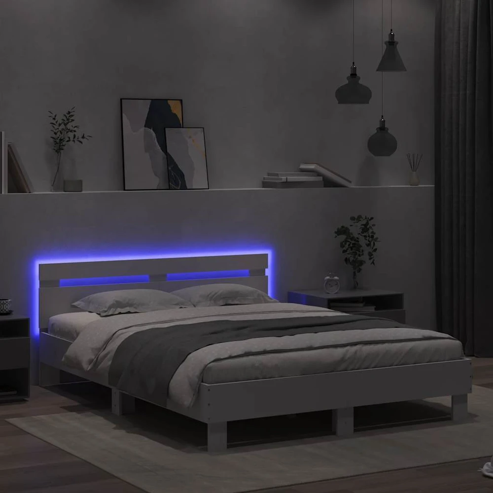 Lovos rėmas su galvūgaliu ir LED, baltos spalvos, 150x200cm