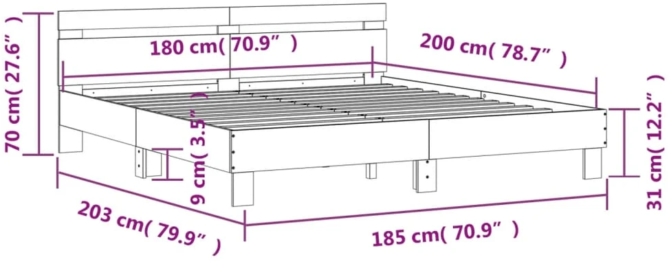 Lovos rėmas su galvūgaliu ir LED, betono pilkas, 180x200cm