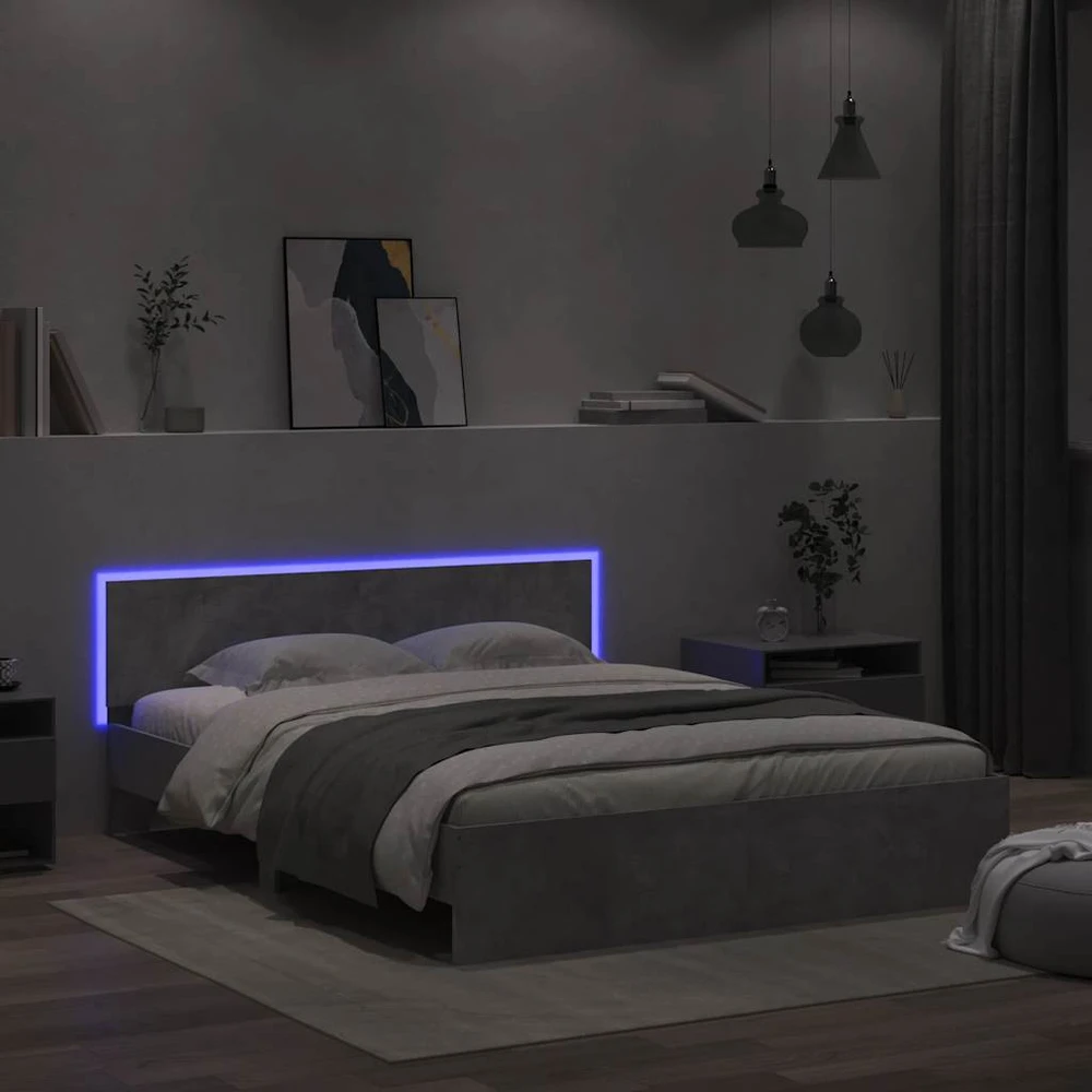 Lovos rėmas su galvūgaliu ir LED, betono pilkas, 150x200cm