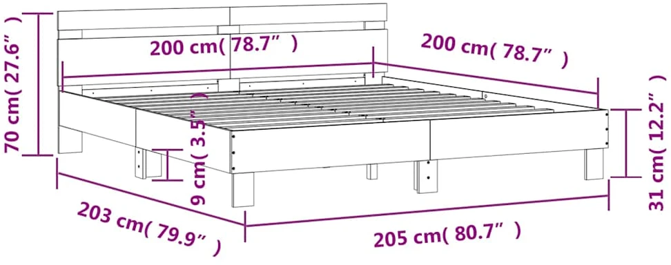 Lovos rėmas su galvūgaliu ir LED, betono pilkas, 200x200cm