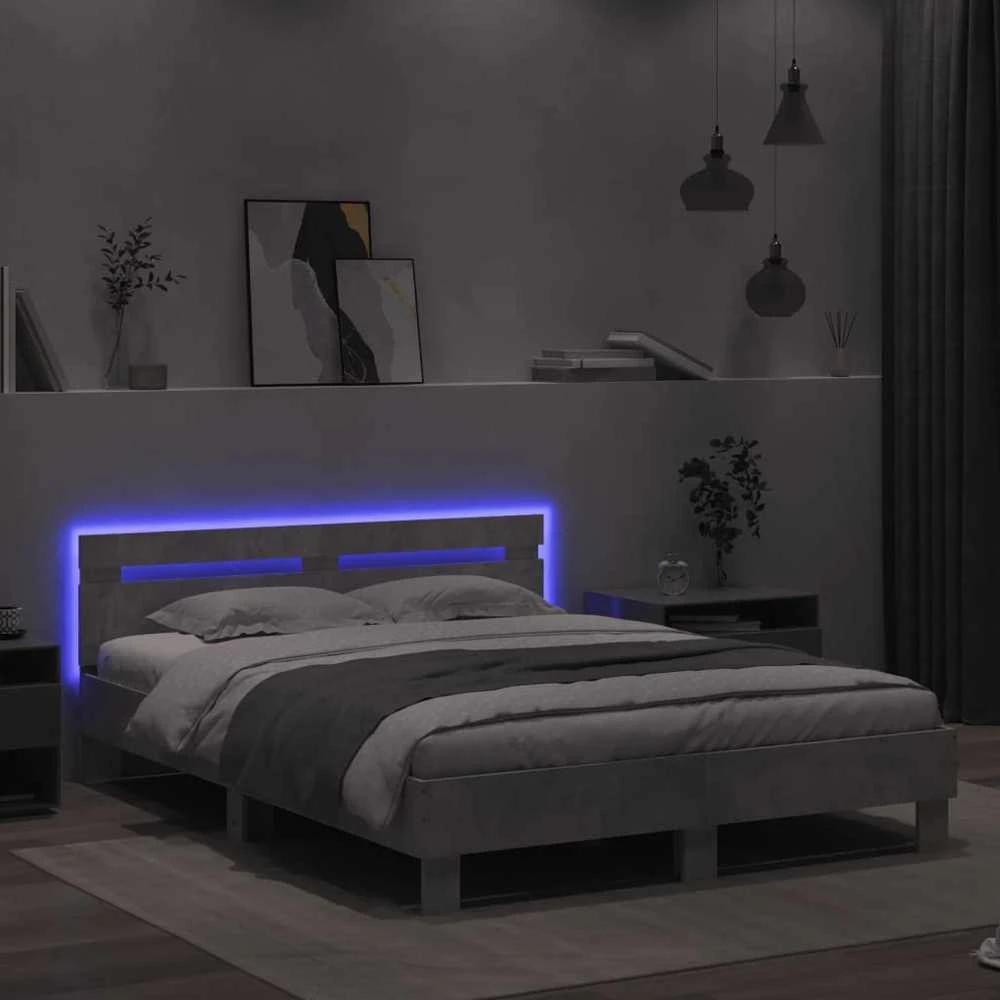 Lovos rėmas su galvūgaliu ir LED, betono pilkas, 140x200cm