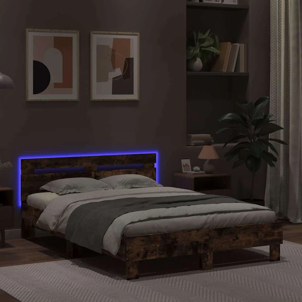 Lova Lovos rėmas su galvūgaliu ir LED, dūminio ąžuolo, 135x190cm
