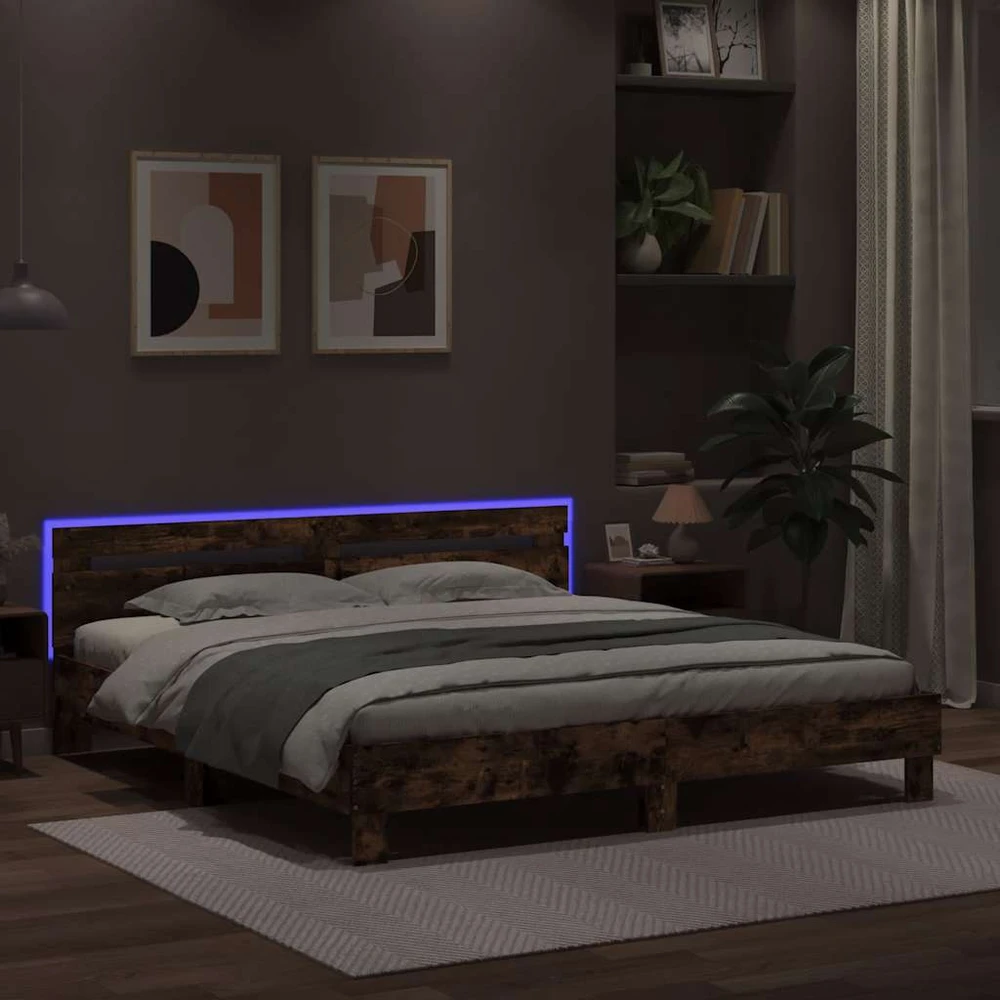 Lovos rėmas su galvūgaliu ir LED, dūminio ąžuolo, 180x200cm