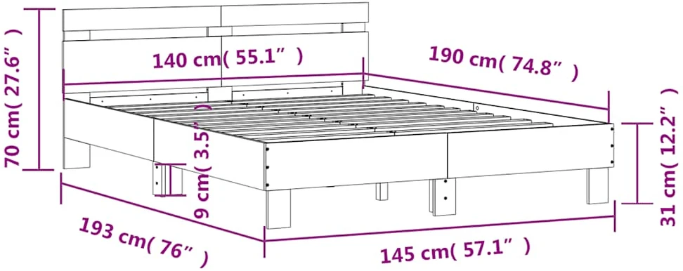 Lovos rėmas su galvūgaliu ir LED, dūminio ąžuolo, 140x190cm