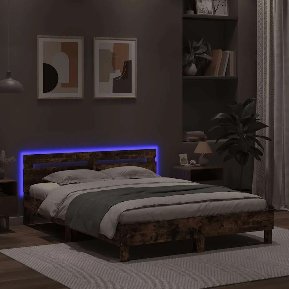 Lovos rėmas su galvūgaliu ir LED, dūminio ąžuolo, 140x190cm